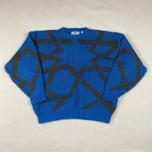 Vintage Saturdays Sweater Sz XL Blue Grey Geometric Crewneck Pullover Retro 90s